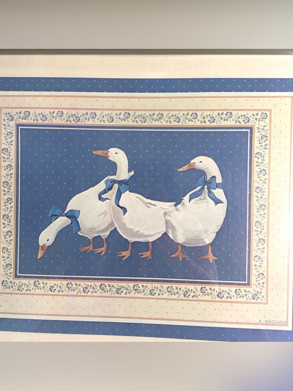 Vintage Blue Ribbon Geese Framed Art 18x22 E. Brownd Cottagecore Grandmacore